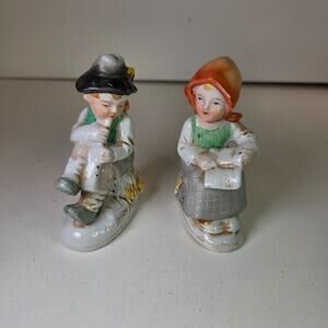 Vintage Japan Boy Playing Flute & Girl Sitting Ceramic Figurines 3.5in Pair